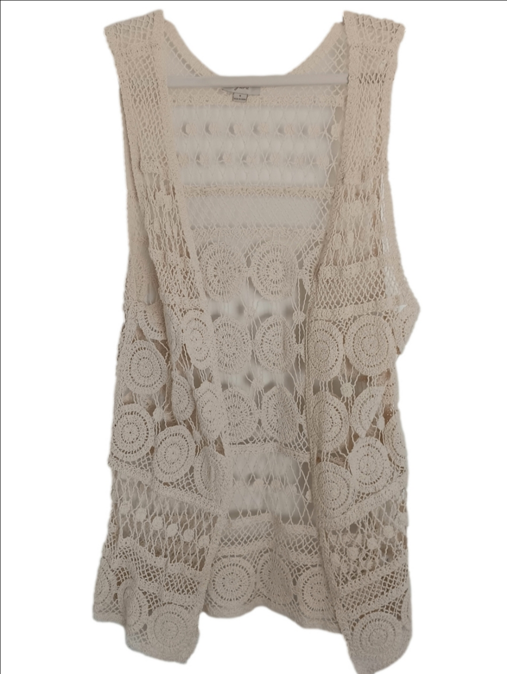 Long Cotton Crochet Medalian Vest Open Front In Cream